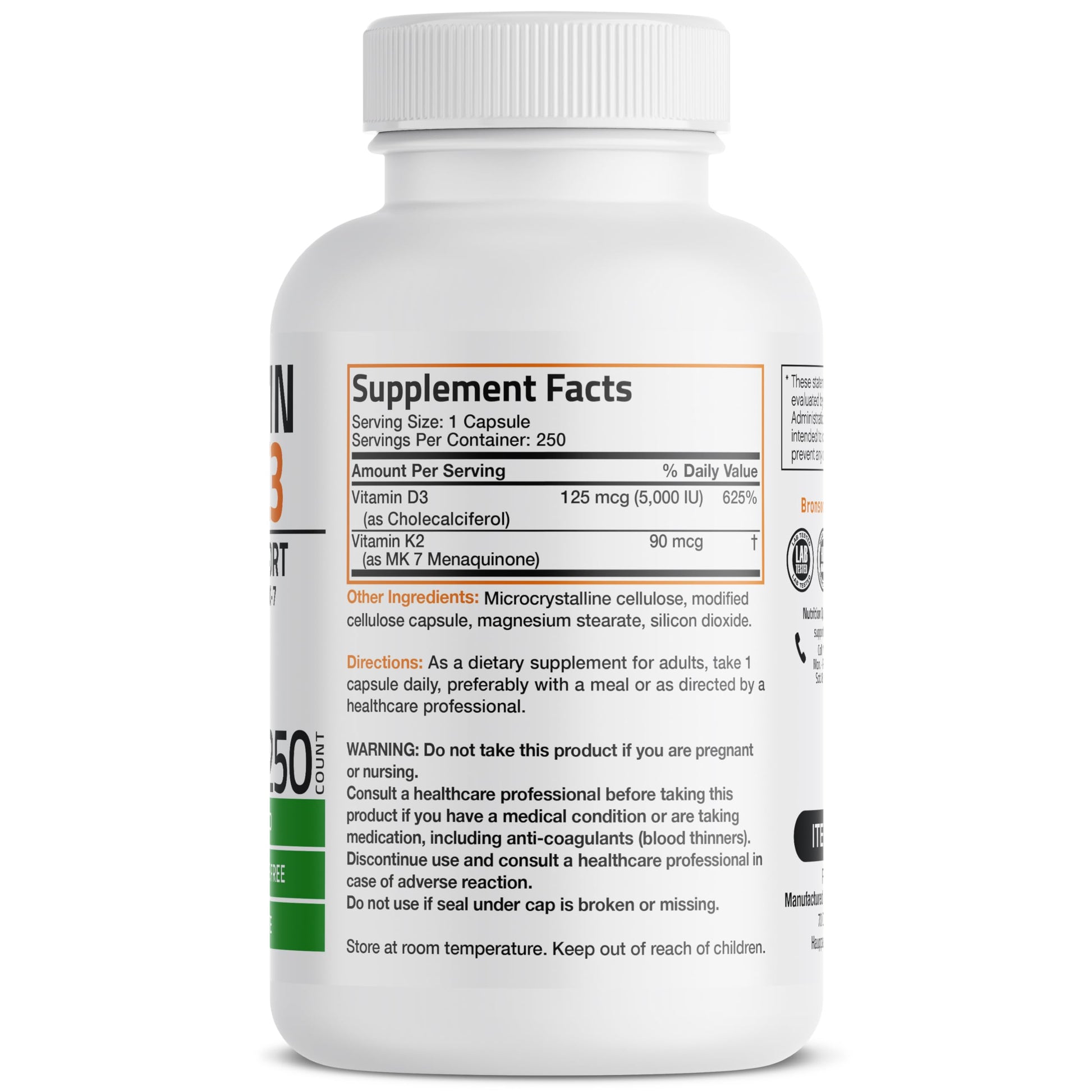 Buy now Bronson Vitamin K2 (MK7) with D3 Supplement Non-GMO Formula 5000 IU Vitamin D3 & 90 mcg K2 MK-7 Easy to Swallow D & K Complex, 250 Capsules at indiglob india