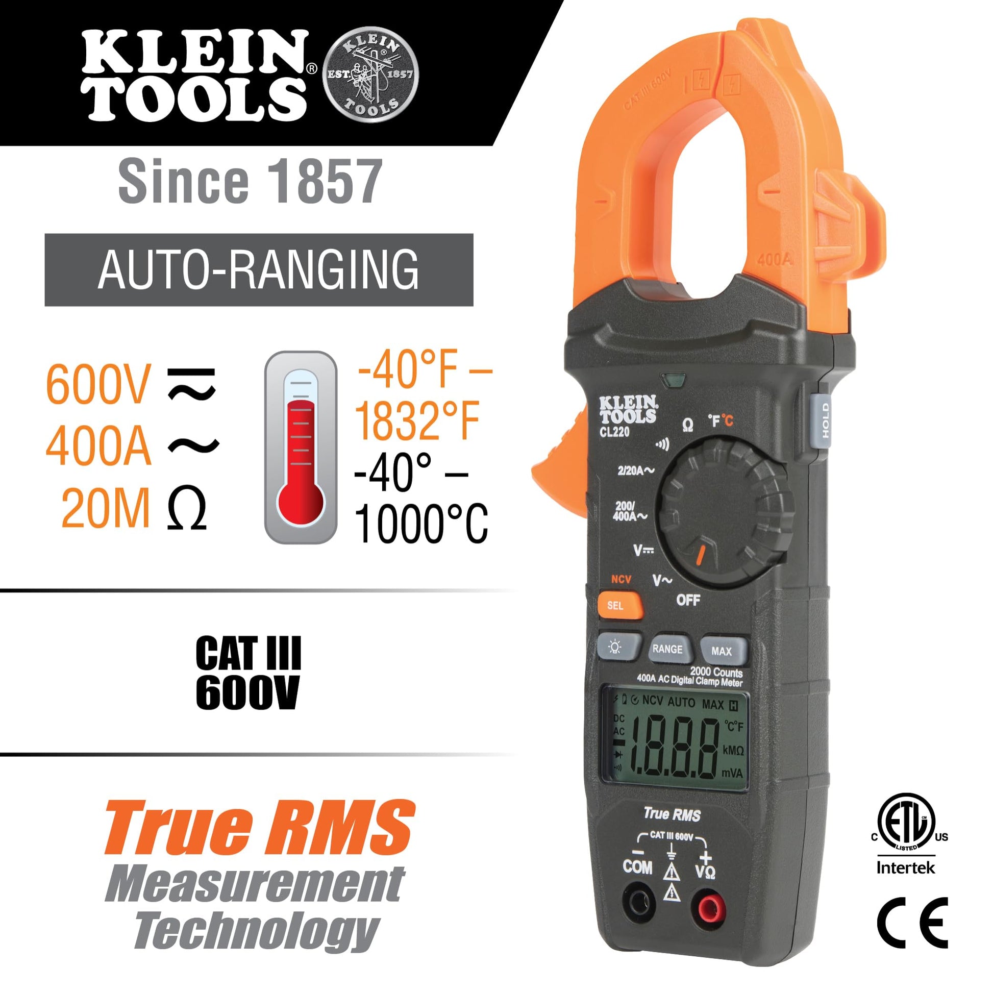 Buy now Klein Tools CL220 Digital Clamp Meter, Auto-Ranging 400 Amp AC, AC/DC Voltage, TRMS, Resistance, Continuity, NCVT Detection, and Temp at indiglob india