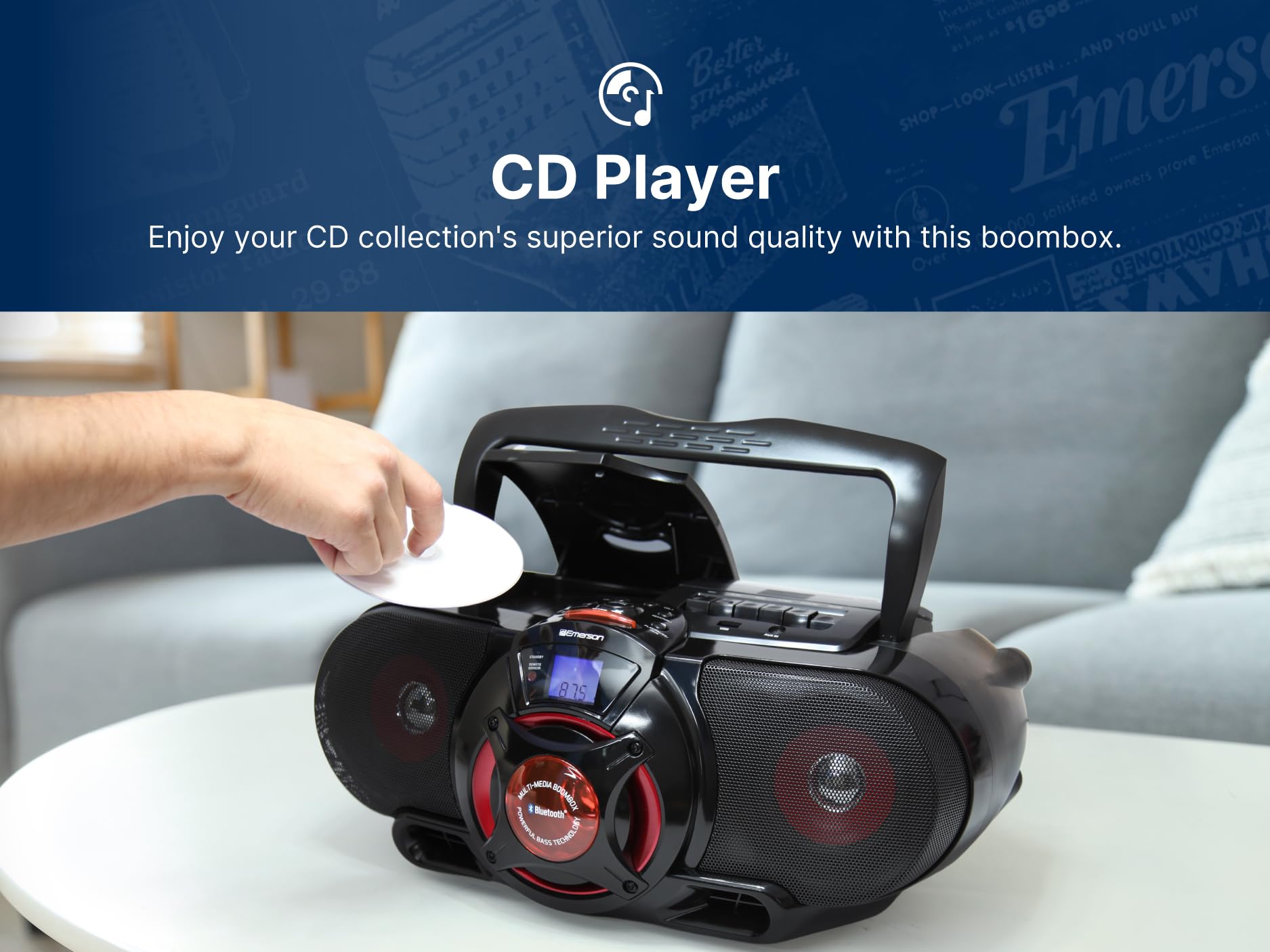 Buy now Emerson EPB-3002 Portable Bluetooth, MP3/CD AM/FM Stereo Radio Cassette Player/Recorder with Subwoofer and USB Input Boombox at indiglob india
