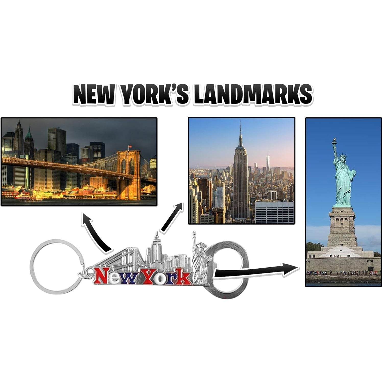12-Pack New York City Souvenir Keychains – 3D Silver Metal NYC Landmark Set with Statue of Liberty, Empire State Building, Freedom Tower, Taxi Cab, USA Flag & Bottle Openers - My Store