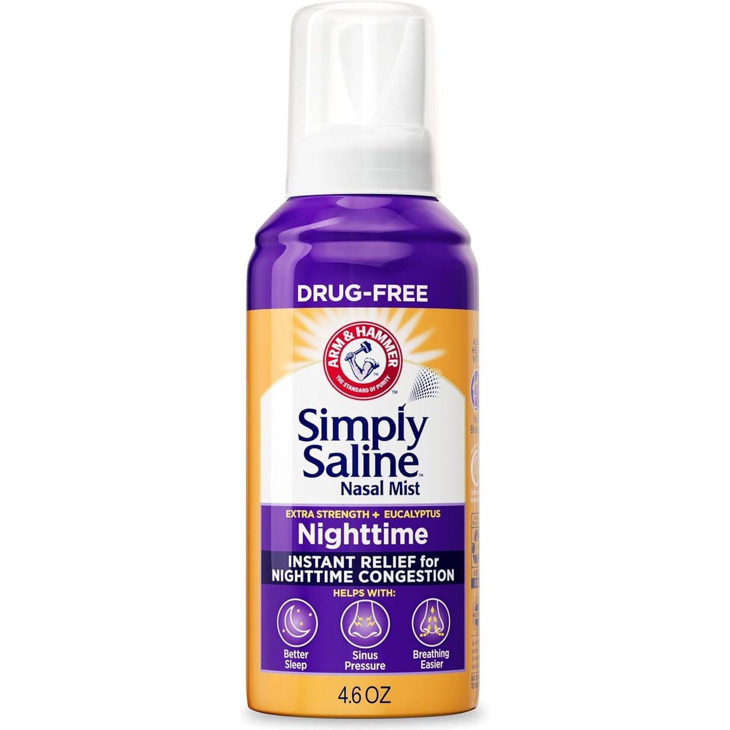 ARM & HAMMER Simply Saline Nighttime Drug-Free Mist for Nasal Congestion at Night, Extra Strength, Calming Eucalyptus, Safe to Use with Rx and OTC, For Adults and Kids Ages 2+, 4.6 oz (129 g)