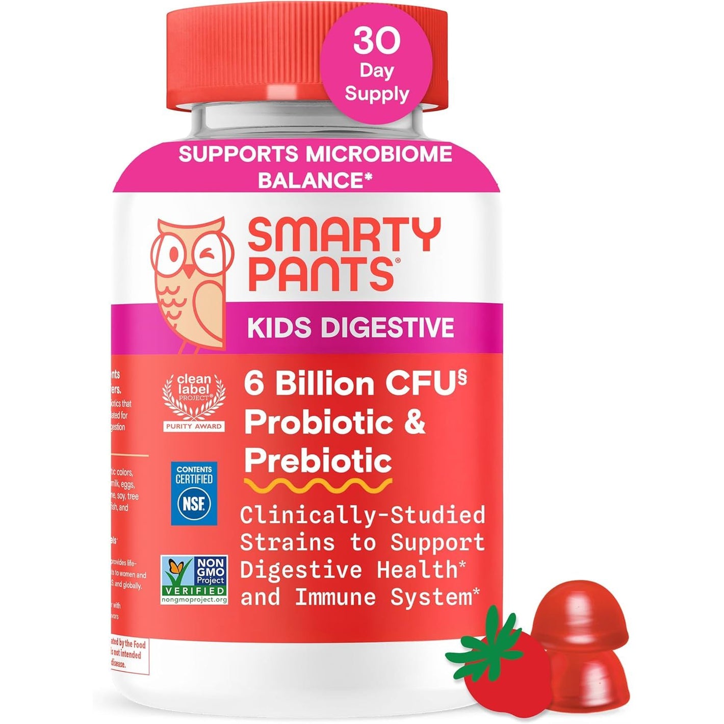 SmartyPants Kids Probiotic & Prebiotic Gummies for Digestive Health: Gut Health Supplement, Clinically Studied Prebiotic for Immune Support, Strawberry, 60 Count (30 Day Supply)