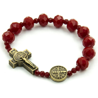 Catholica Shop - Catholic Religious Wear Elasticated Saint Benedict Bracelet Wooden Beads Decade Rosary Stretchable Bracelet for Men and Women