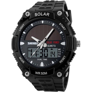 FANMIS Men's Solar Powered Casual Quartz Wrist Watch Analog Digital Multifunctional Black Sports Watch (Black)