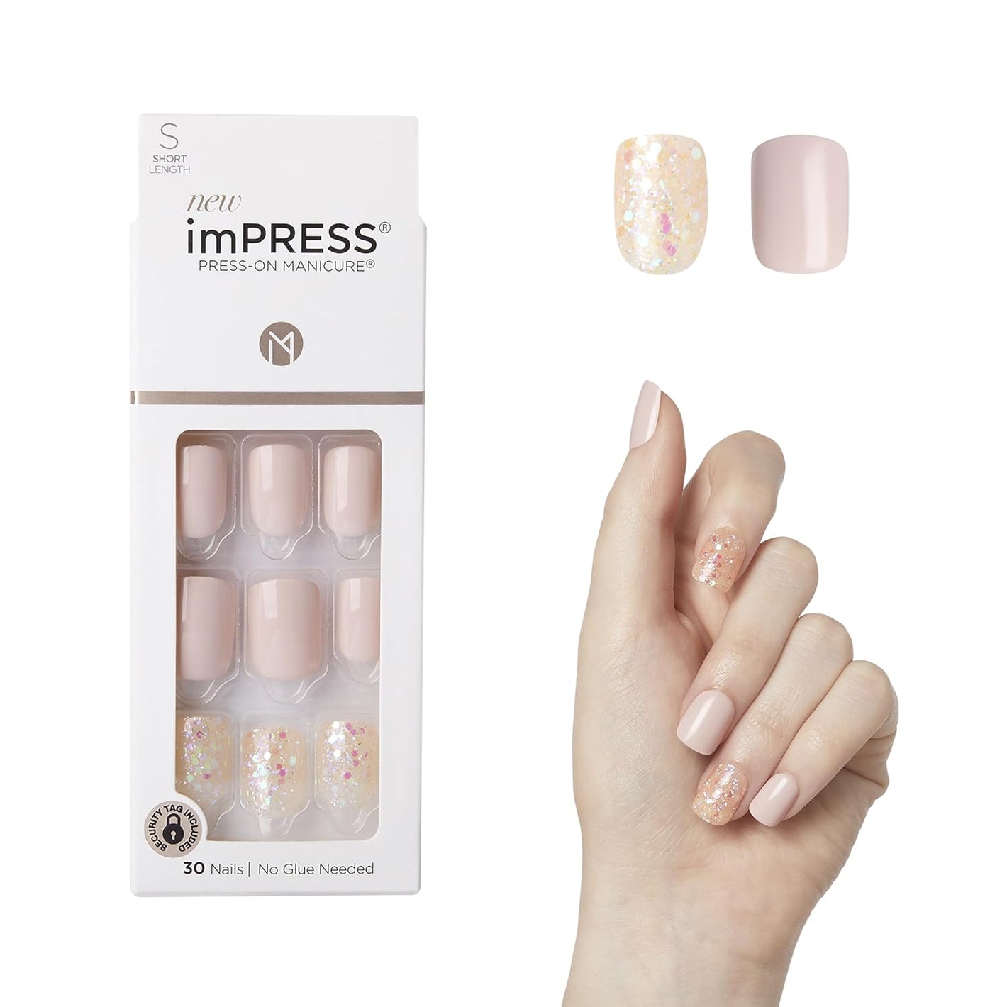 KISS imPRESS No Glue Mani Press On Nails, Design, 'Dorothy', Pink, Short Size, Squoval Shape, Includes 30 Nails, Prep Pad, Instructions Sheet, 1 Manicure Stick, 1 Mini File