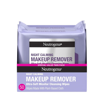 Neutrogena Night Calming Makeup Remover Face Wipes, Nighttime Cleansing Towelettes Remove Sweat, Dirt & Makeup & Calms Skin, Hypoallergenic, 100% Plant Based Cloth, 50 Count (2 Packs of 25)