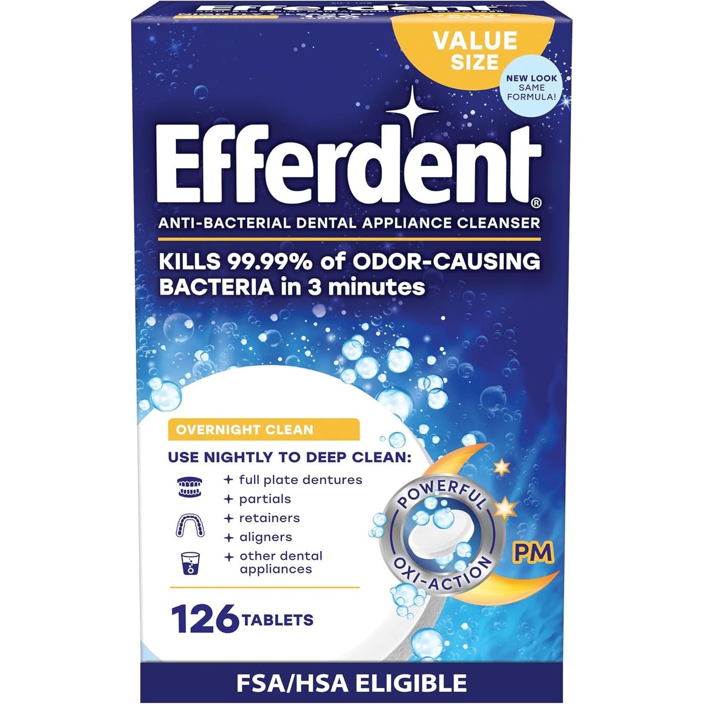 Efferdent Retainer Cleaning Tablets, Denture Cleaning Tablets for Dental Appliances, Overnight Whitening, 126 Count