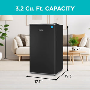 Buy now BLACK+DECKER 3.2 Cu. Ft. Compact Refrigerator, ENERGY STAR Certified Small Refrigerator, Single Door Mini Fridge with Chiller Compartment, Personal Fridge for Home or Dorm Room, BCRK32B, Black at indiglob india