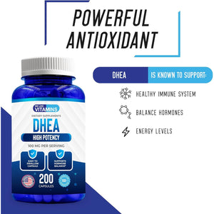 We Like Vitamins DHEA 100mg 200 Capsules - 200 Day Supply of DHEA Capsules - Helps with Hormone Balance and Energy Levels for Men & Women