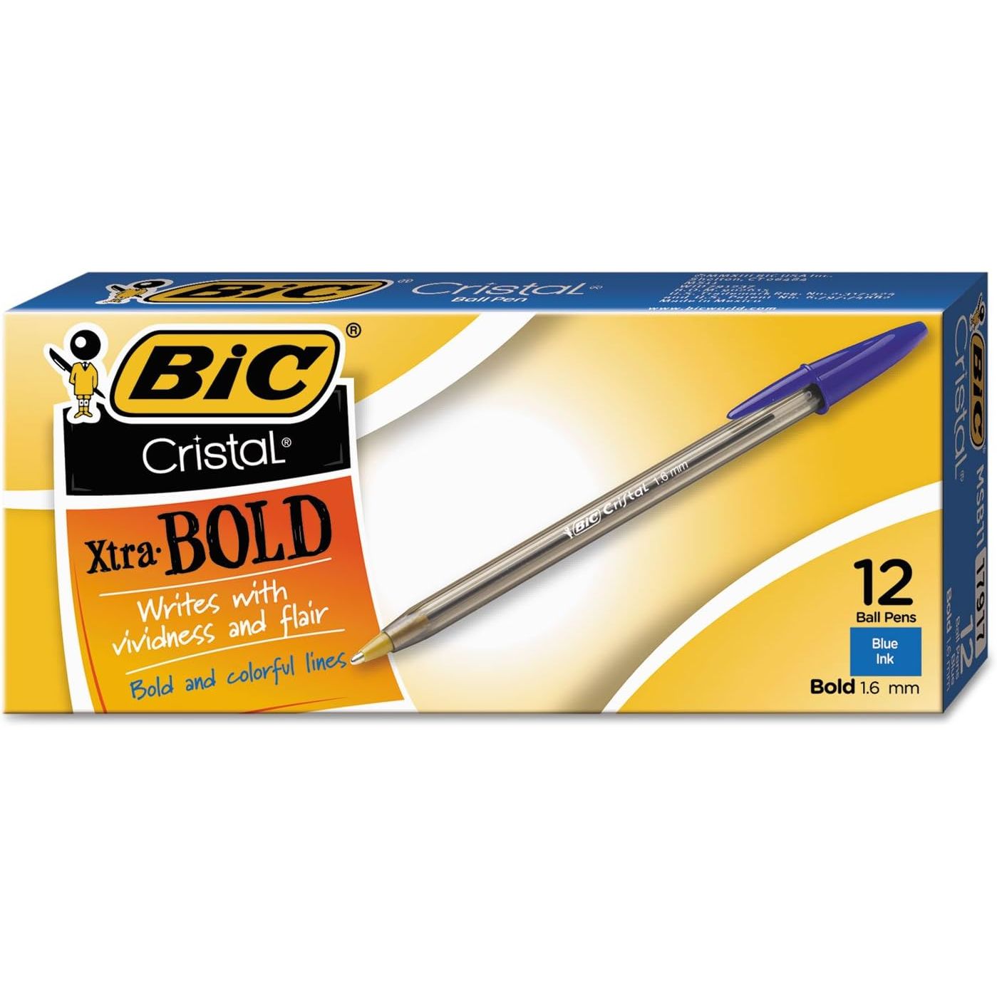 BIC MSB11BE Cristal Xtra Bold Ballpoint Stick Pen, Blue Ink, 1.6mm, Bold, Dozen