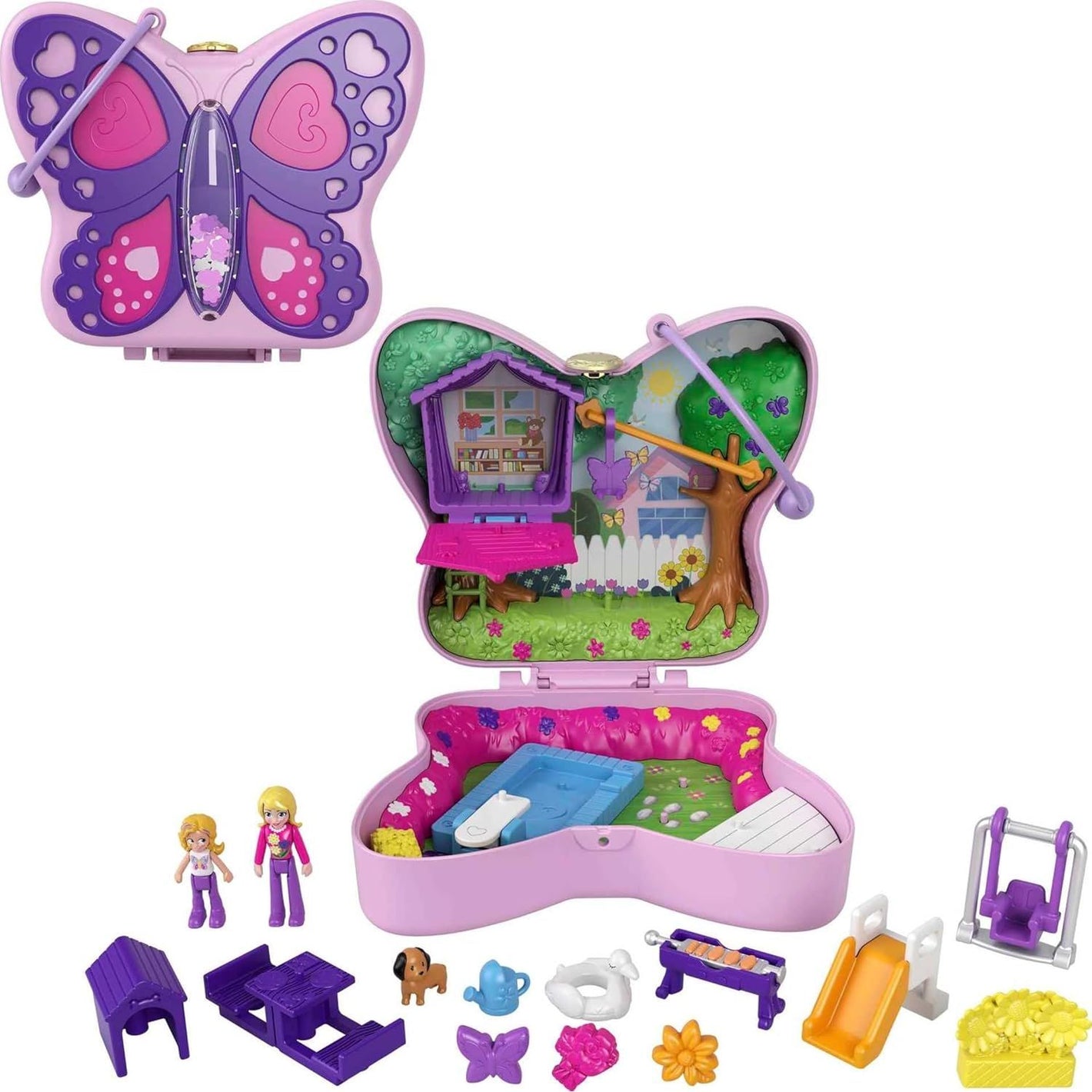 Polly Pocket Compact Playset, Backyard Butterfly with 2 Micro Dolls & Accessories, Travel Toys with Surprise Reveals
