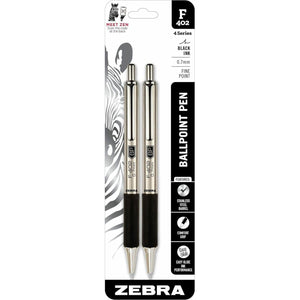 Zebra Pen F-402 Stainless Steel Retractable Ballpoint Ink Pens 2-Pack, Black Ink, 0.7mm Fine Point, Easy-Glide Ink, Non-Slip Grip, Metal Clip, Refillable With F-Refill (29212)