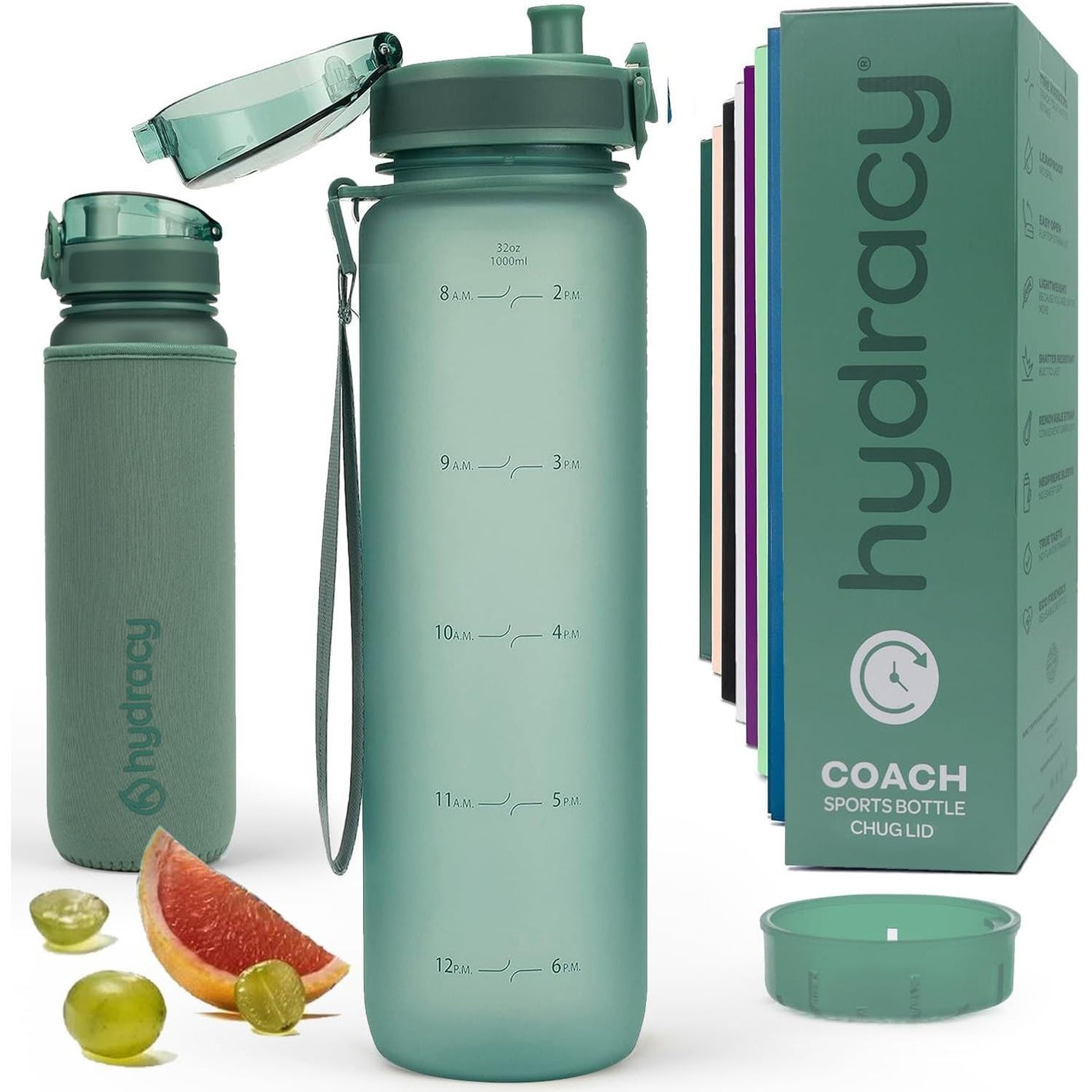 Hydracy Water Bottle with Time Marker -Large BPA Free Water Bottle & No Sweat Sleeve -Leak Proof Gym Bottle with Fruit Infuser Strainer & Times to Drink -Ideal for Fitness Sports & Outdoors