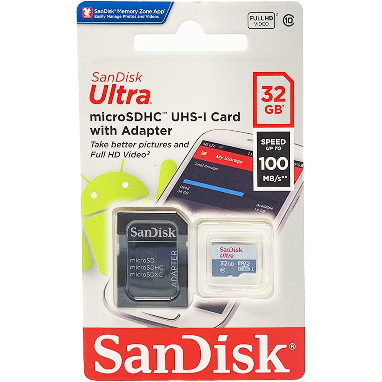 SanDisk Ultra 32GB microSDHC UHS-I Card with Adapter, Silver, Standard Packaging (SDSQUNC-032G-GN6MA)