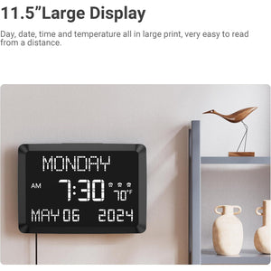 11.5” Digital Wall Clock with Date,Time,Week,Indoor Temperature,3 Alarms,5 Dimmer,2 USB Chargers,Battery Backup,Snooze,12/24H for Elderly,Parents,Impaired Vision,Dementia,Memory Loss,Office,Bedroom