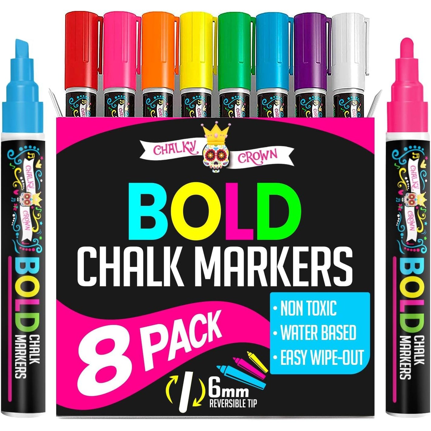 Liquid Chalk Markers for Blackboards - Bold Color Dry Erase Marker - Chalk Markers for Chalkboard Signs, Windows, Blackboard, Glass - 6mm Reversible Tip (8 Pack) - 24 Chalkboard Labels Included