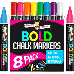 Liquid Chalk Markers for Blackboards - Bold Color Dry Erase Marker - Chalk Markers for Chalkboard Signs, Windows, Blackboard, Glass - 6mm Reversible Tip (8 Pack) - 24 Chalkboard Labels Included