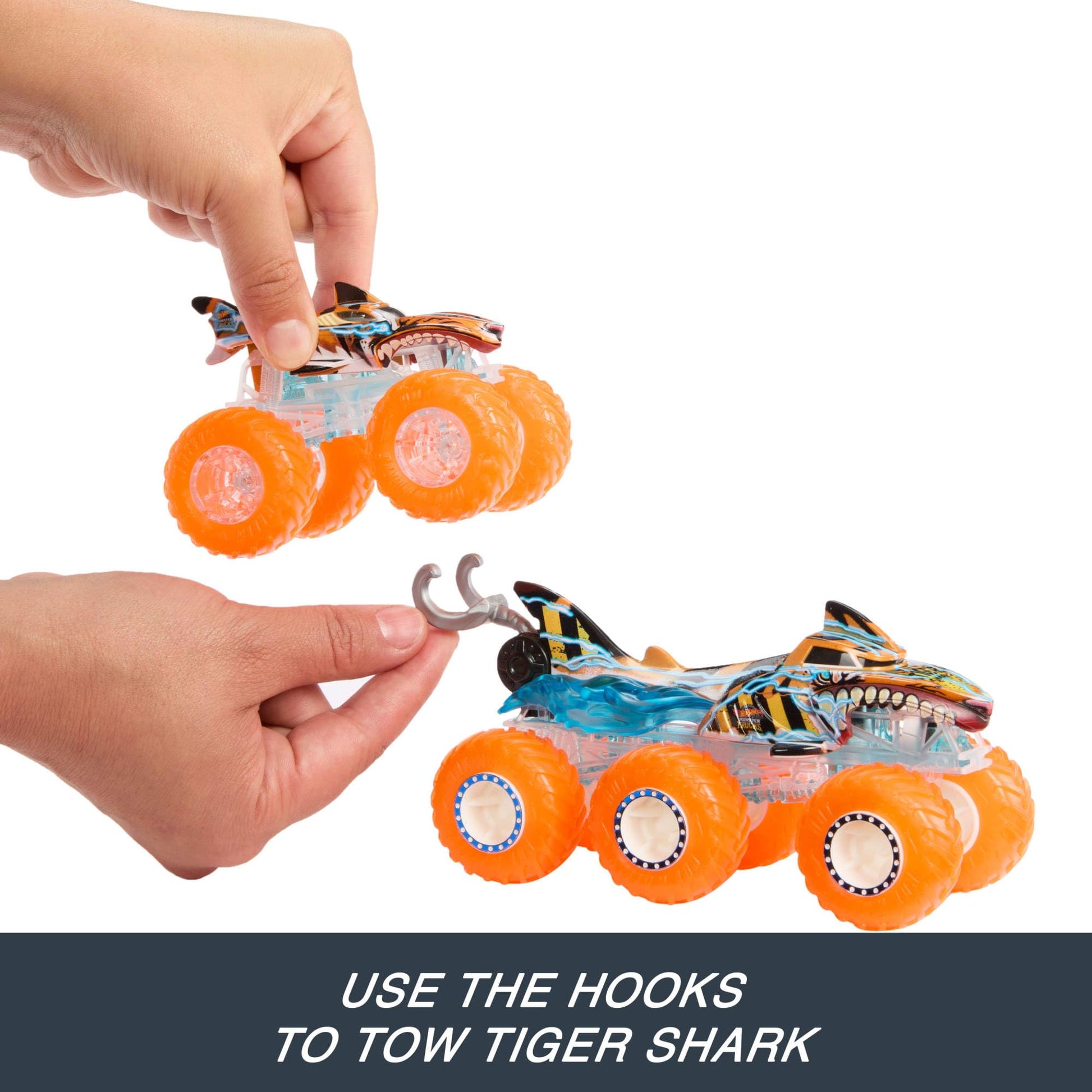 Buy now Hot Wheels Monster Trucks Multipack, 1:64 Scale Mega-Wrex & Tiger Shark Toy Trucks with Big Rigs in Matching Power Smashers Deco at indiglob india