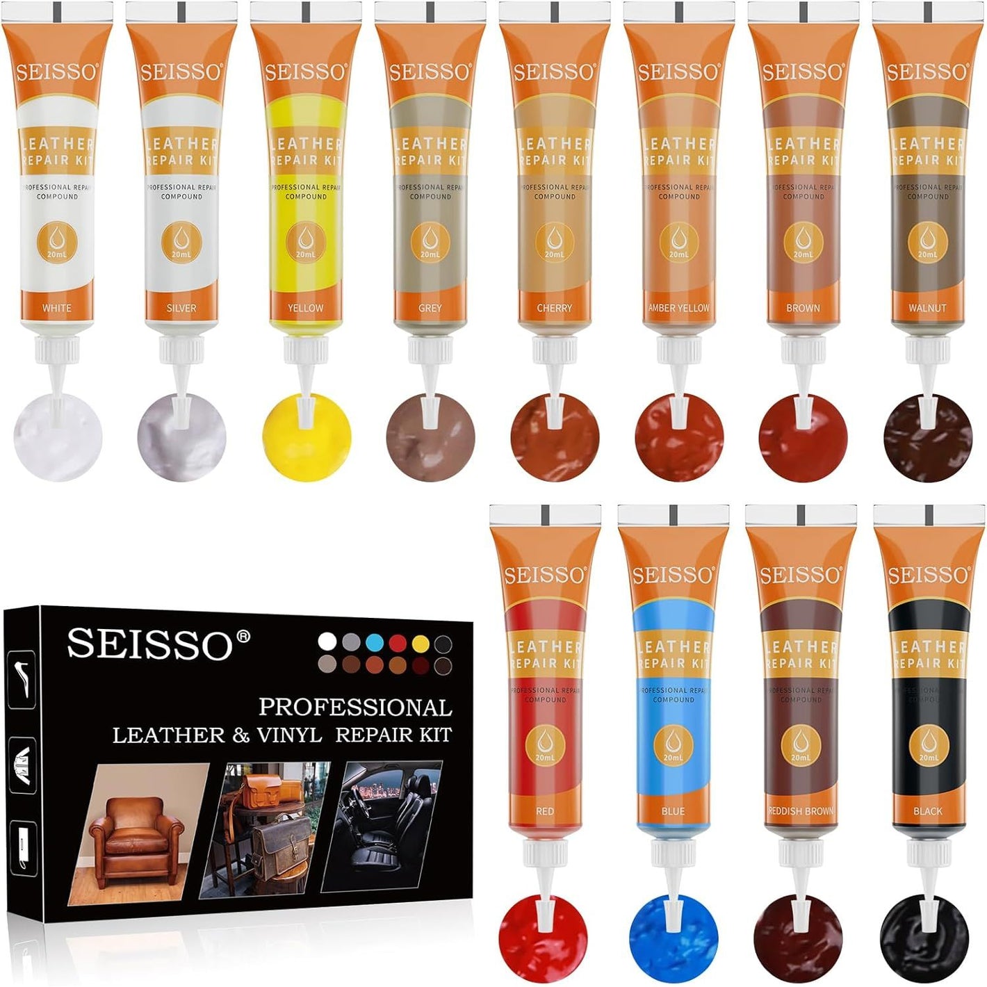 12 Colors Leather Repair Kit - for Furniture Car Seats Couches Sofa Shoes Boat, Leather Dye Restore Scratches Tears Holes, Purses Jacket Leather Paint, Vinyl Repair Kit Bonded Leather Genuine Italian…