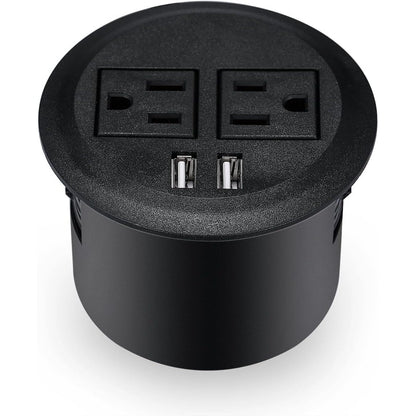 Kungfuking Desktop Power Grommet Power Outlet Socket Desk Data Center 2 Outlet with 2 USB Ports with 10 FT Extension Cord Black
