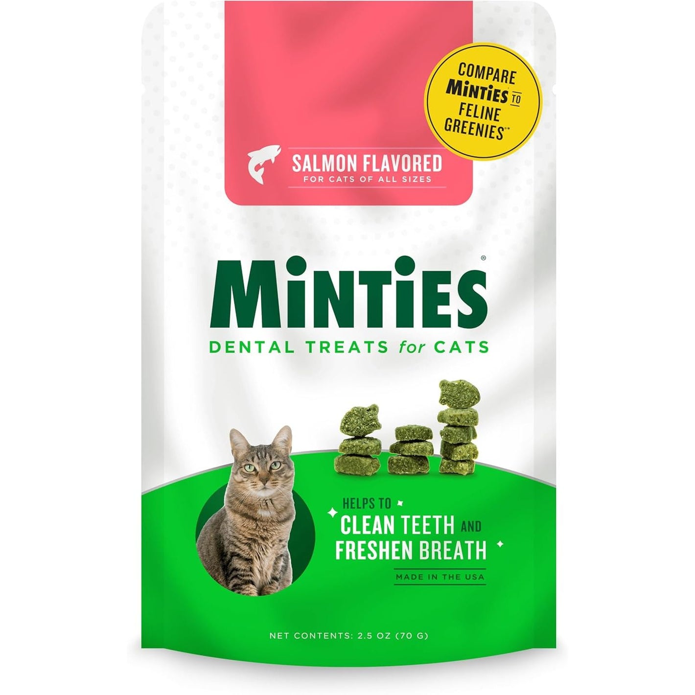 Minties Dental Treats for Cats, Salmon Flavored Treats for Cats, Freshens Breath and Controls Tartar, 2.5oz