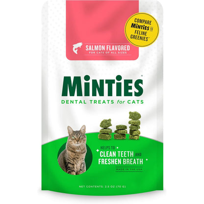 Minties Dental Treats for Cats, Salmon Flavored Treats for Cats, Freshens Breath and Controls Tartar, 2.5oz