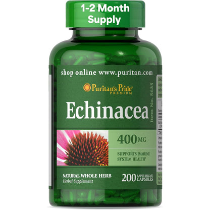 Puritan's Pride Premium Echinacea Natural Whole Herb Herbal Supplement 400mg, Dietary Supplement for Health, Immune System Support, 200 Rapid Release Capsules