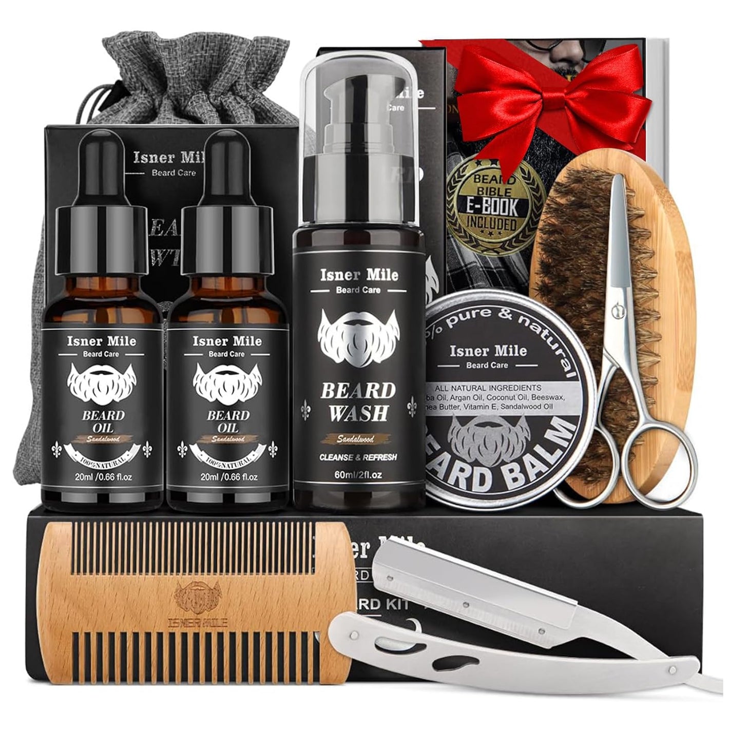 Isner Mile Beard Grooming Kit for Men Care: Trimming Sets with Beard Wash/Shampoo - Oil - Balm - Brush - Comb - Scissors & Storage Bag, Valentines Birthday Fathers Gifts for Dad Men Husband Boyfriend