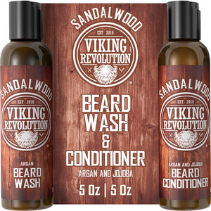 Viking Revolution Beard Wash & Beard Conditioner Set w/Argan & Jojoba Oils - Softens & Strengthens - Natural Beard Shampoo w/Beard Oil Sandalwood (5oz)