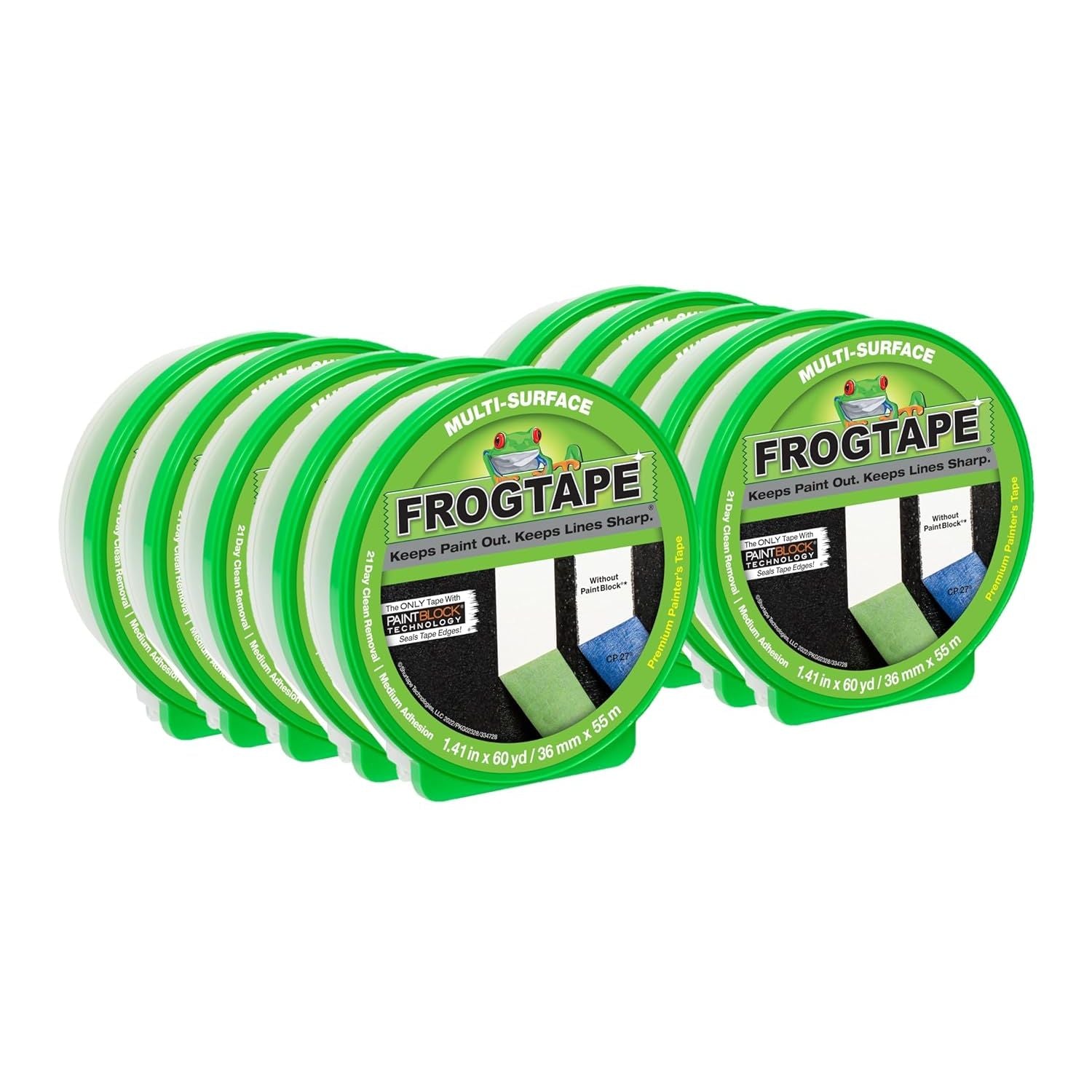 Buy now FrogTape Multi-Surface Painters Tape with PAINTBLOCK, 1.5 Inch Wide (1.41 In. x 60 Yds), Medium Adhesion, Green, 1 Roll (1358465) 10 Rolls, 1.14” x 60 yds at indiglob india