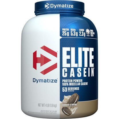 Dymatize Elite Casein Protein Powder, Cookies & Cream, 100% Micellar Casein, 25g Protein, 5.4g BCAAs, 2.3g Leucine, Slow Absorbing for Overnight Muscle Recovery, 4 lb (53 Servings)