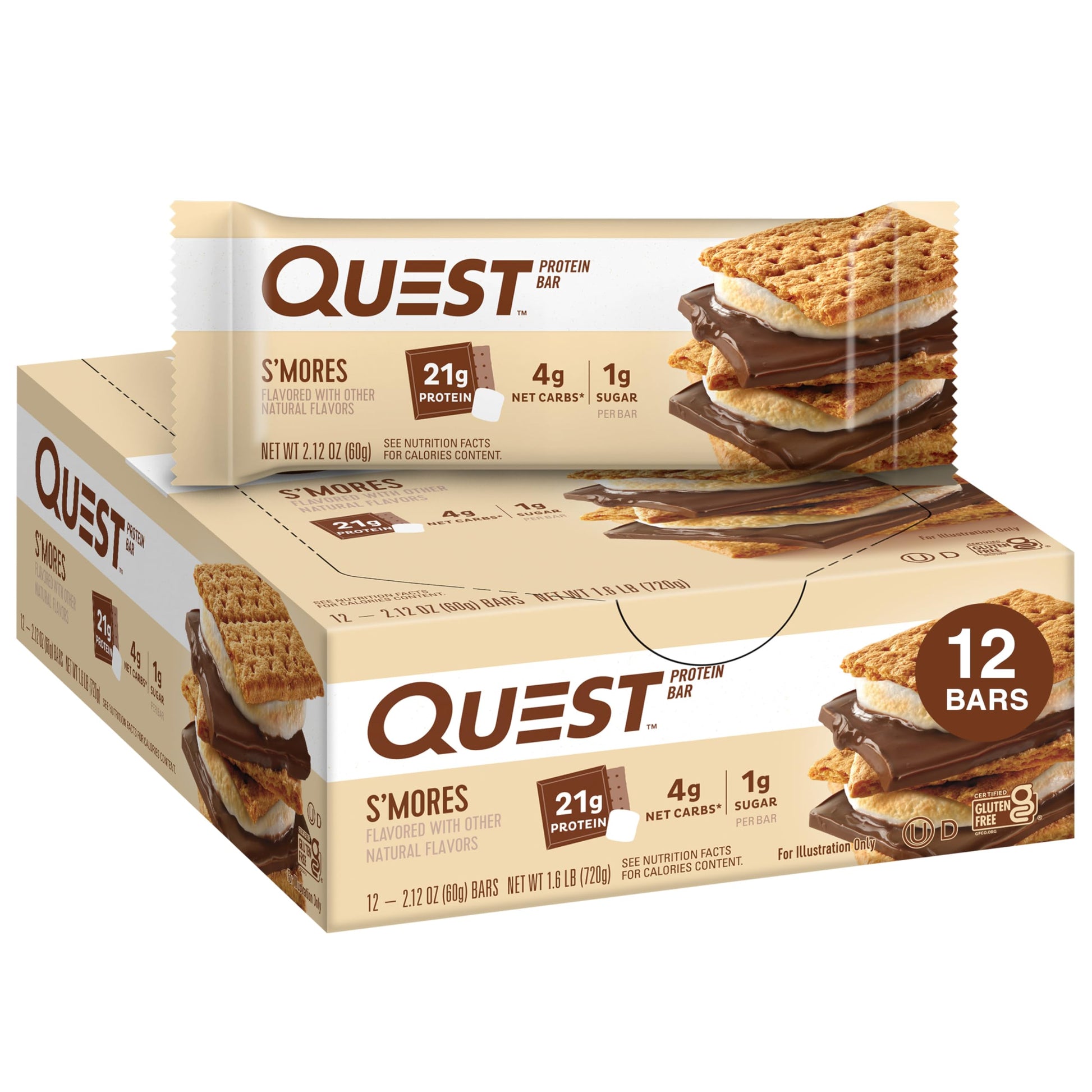Buy now Quest Nutrition Chocolate Brownie Protein Bar, 20g Protein, 1g Sugar, 4g Net Carb, High Fiber, Gluten Free, 12 Count S'mores 12 Count at indiglob india