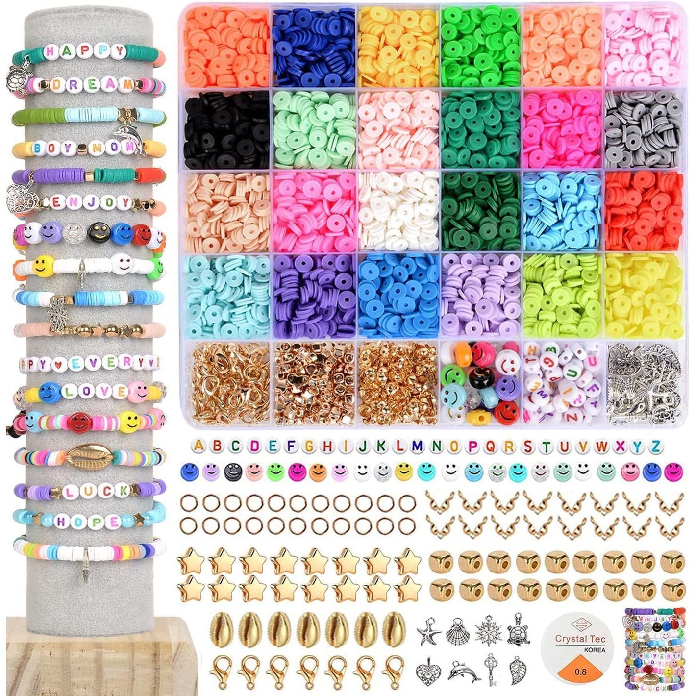 Dulzod 4800Pcs Clay Beads for Jewelry Making Bracelet Kit,Flat Round Polymer Heishi Clay Beads with Pendant and Jump Rings Letter Beads for Bracelets Necklace Earring DIY Craft-24 Colors 6mm