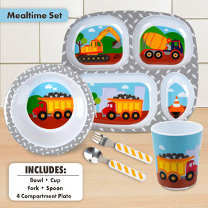 Bentology 5-Piece Construction Theme Mealtime Set - Includes Plate, Bowl, Utensils, and Glass - Dishwasher Safe, BPA Free, Cute Compartment Dish for Easy Self-Feeding