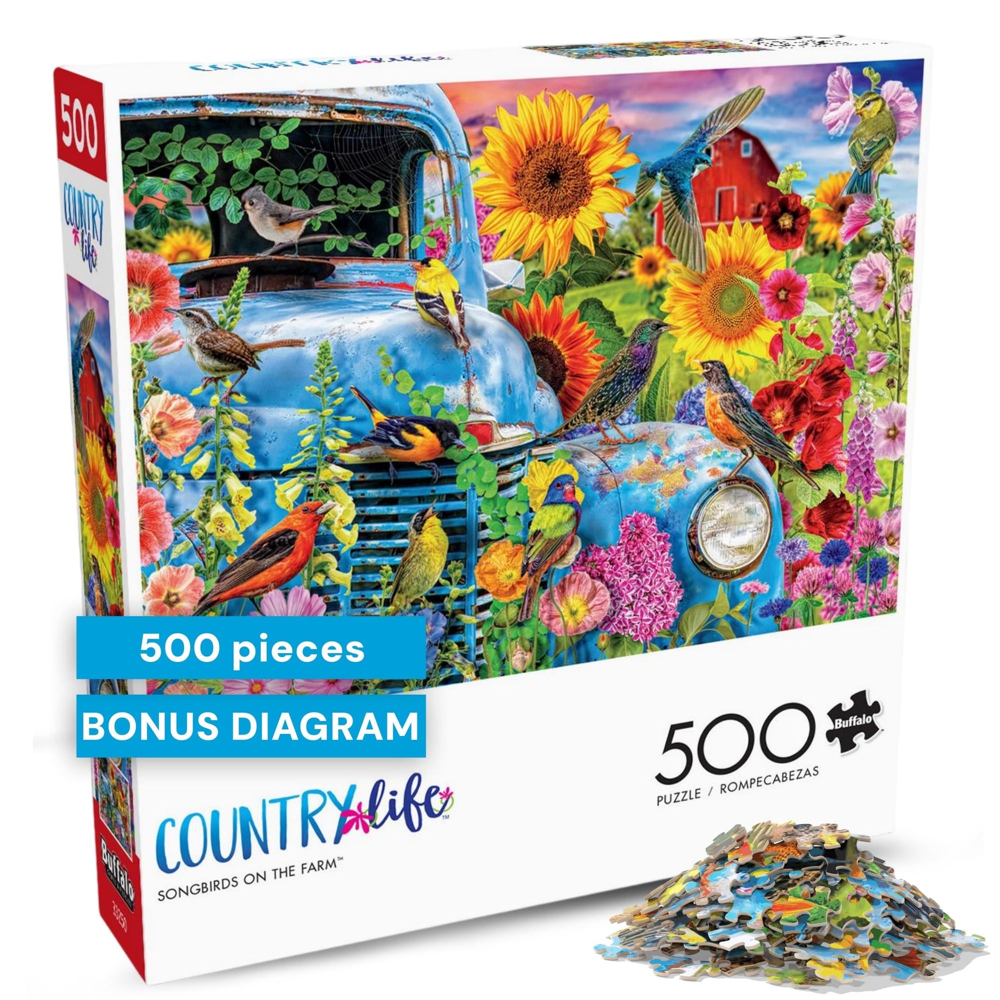 Buy now Buffalo Games - Songbirds on the Farm - Lars Stewart - 500 Piece Jigsaw Puzzle for Adults - Colorful Birds and Florals - Challenging Puzzle Perfect for Game Nights - Made in USA at indiglob india