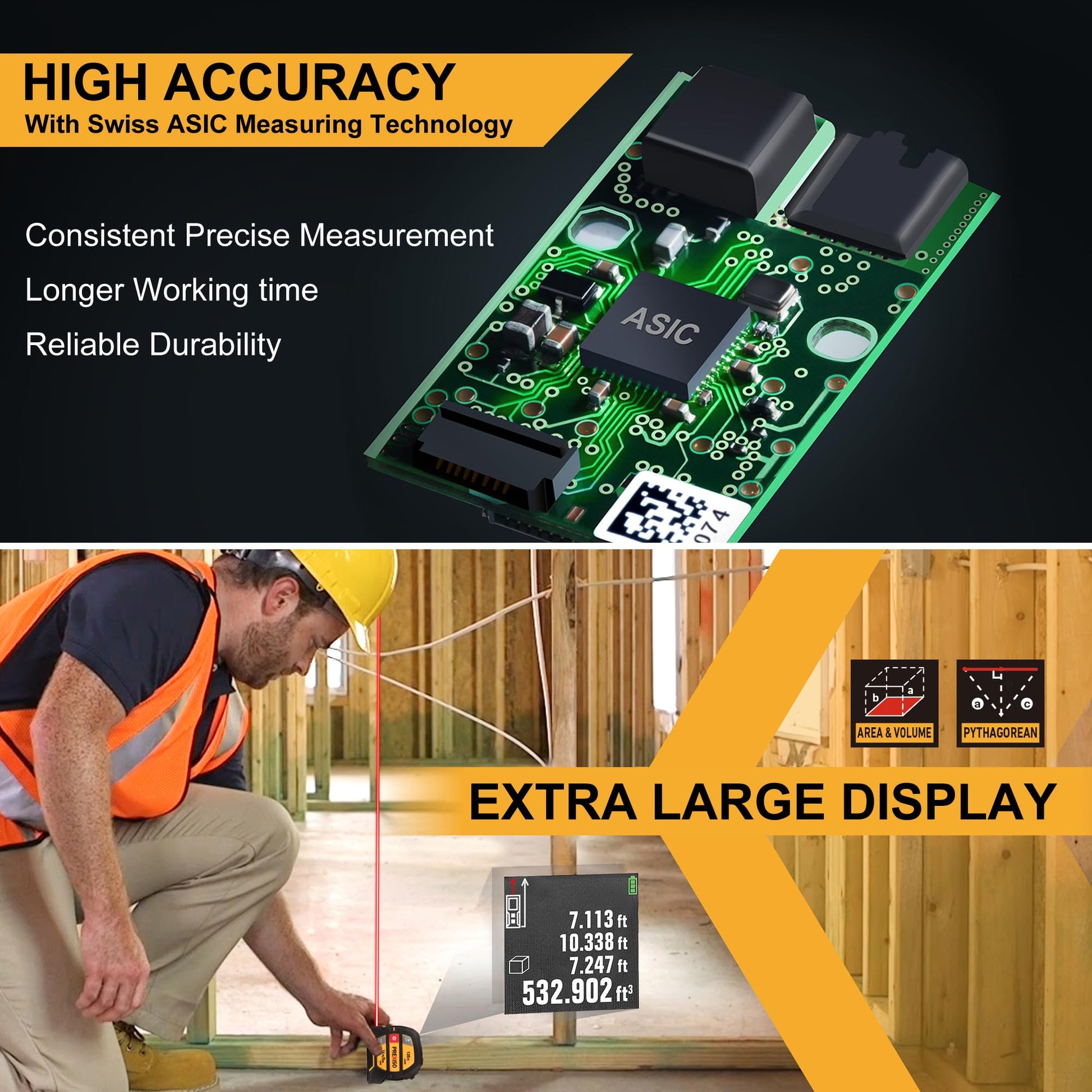 Buy now PREXISO 2-in-1 Laser Tape Measure, 135Ft Rechargeable Measurement Tool & 16Ft Measuring Movable Magnetic Hook - Pythagorean, Area, Volume, Ft/Ft+in/in/M Unit NOT Digital at indiglob india