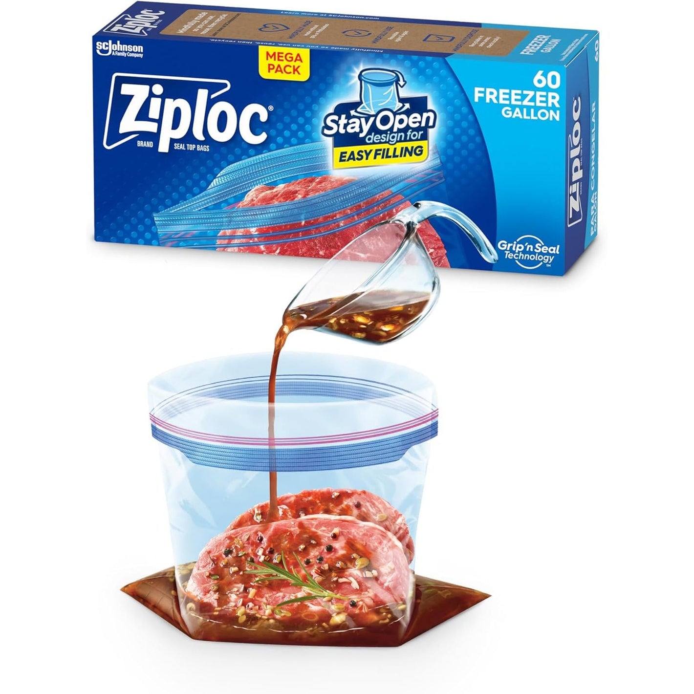 Ziploc Gallon Food Storage Freezer Bags, Stay Open Design with Stand-Up Bottom, Easy to Fill, 60 Count