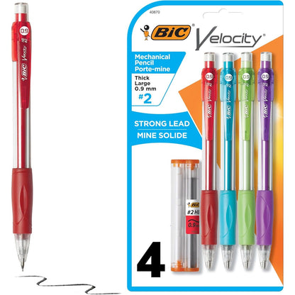 BIC Velocity Strong Lead Mechanical Pencils, With Colorful Barrel, Thick Point (0.9mm), 4-Count Pack Mechanical Pencils With Erasers