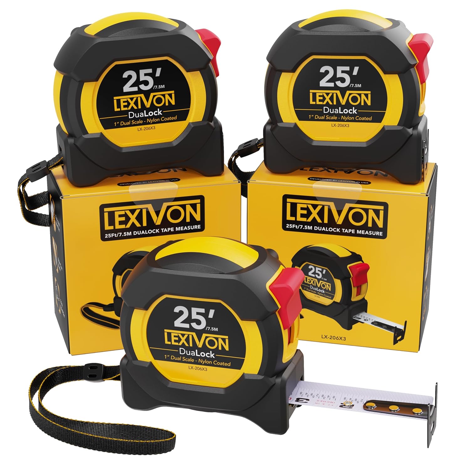 Buy now LEXIVON 25Ft/7.5m AutoLock Tape Measure | 1-Inch Wide Blade with Nylon Coating, Matte Finish White & Yellow Dual Sided Rule Print | Ft/Inch/Fractions/Metric (LX-205) 3-Pack DuaLock at indiglob india
