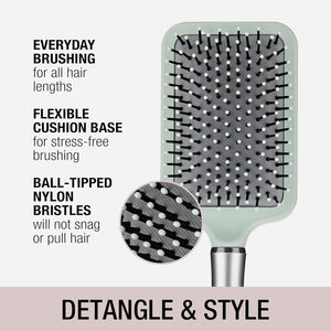 Conair Velvet Touch Paddle Cushion hair brush - Detangling hairbrush - curly or straight styles - men or women - detangler - features soft touch handle - Sage Green