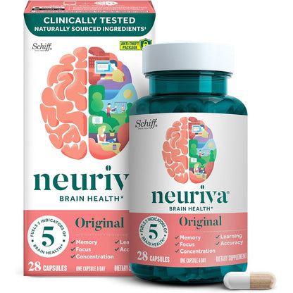 NEURIVA Original Decaffeinated Clinically Tested Nootropic Brain Supplement for Memory, Focus & Concentration, NeuroFactor & Phosphatidylserine, 28ct Capsules