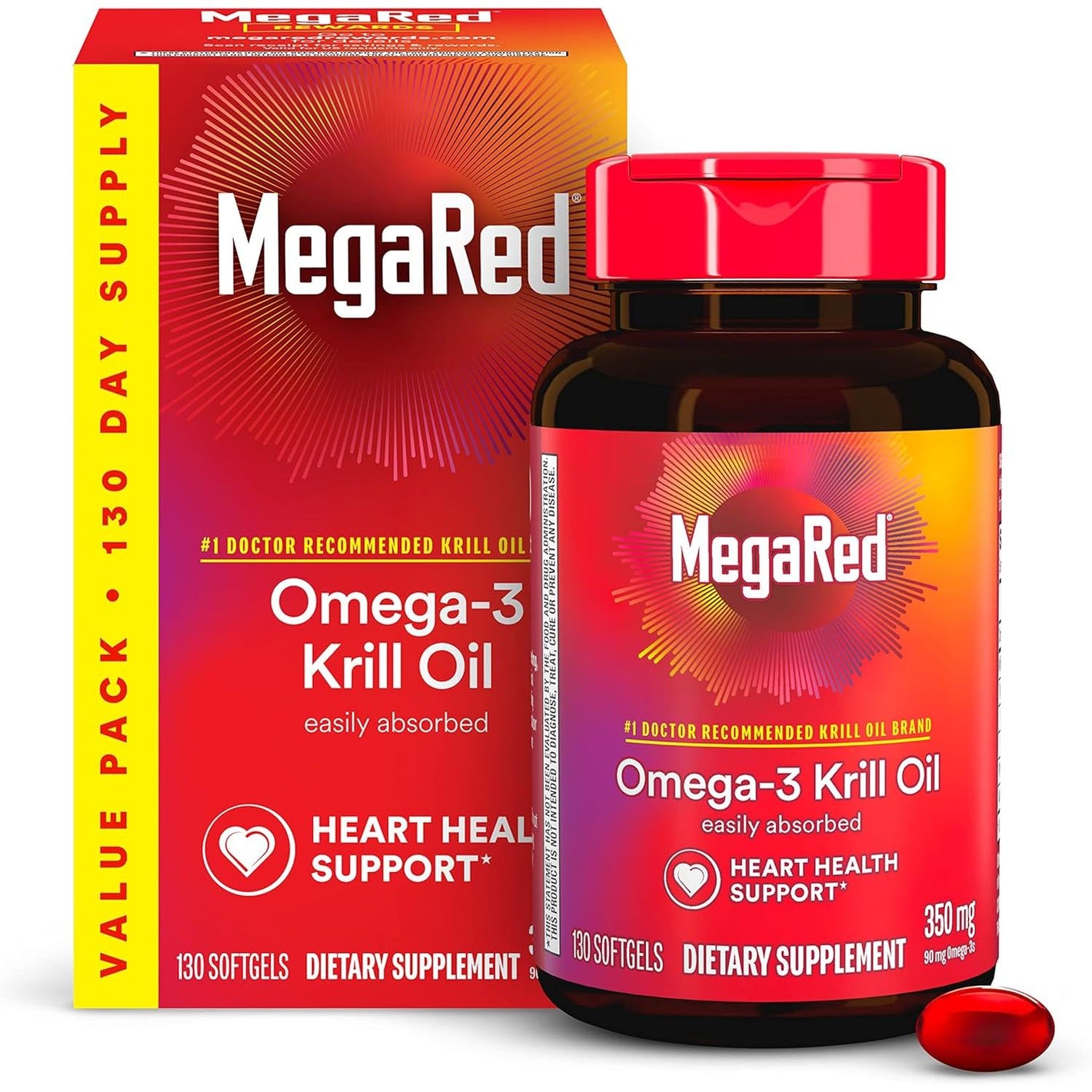 MegaRed - Omega-3 Krill Oil 350mg Softgels (130 Count in A Bottle), EPA & DHA Omega-3 Fatty Acids with No Fishy Aftertaste Unlike Fish Oil, Contains Antioxidant Astaxanthin