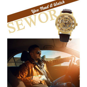 SEWOR Men's Mechanical Skeleton Transparent Vintage Style Leather Wrist Watch (Gold)