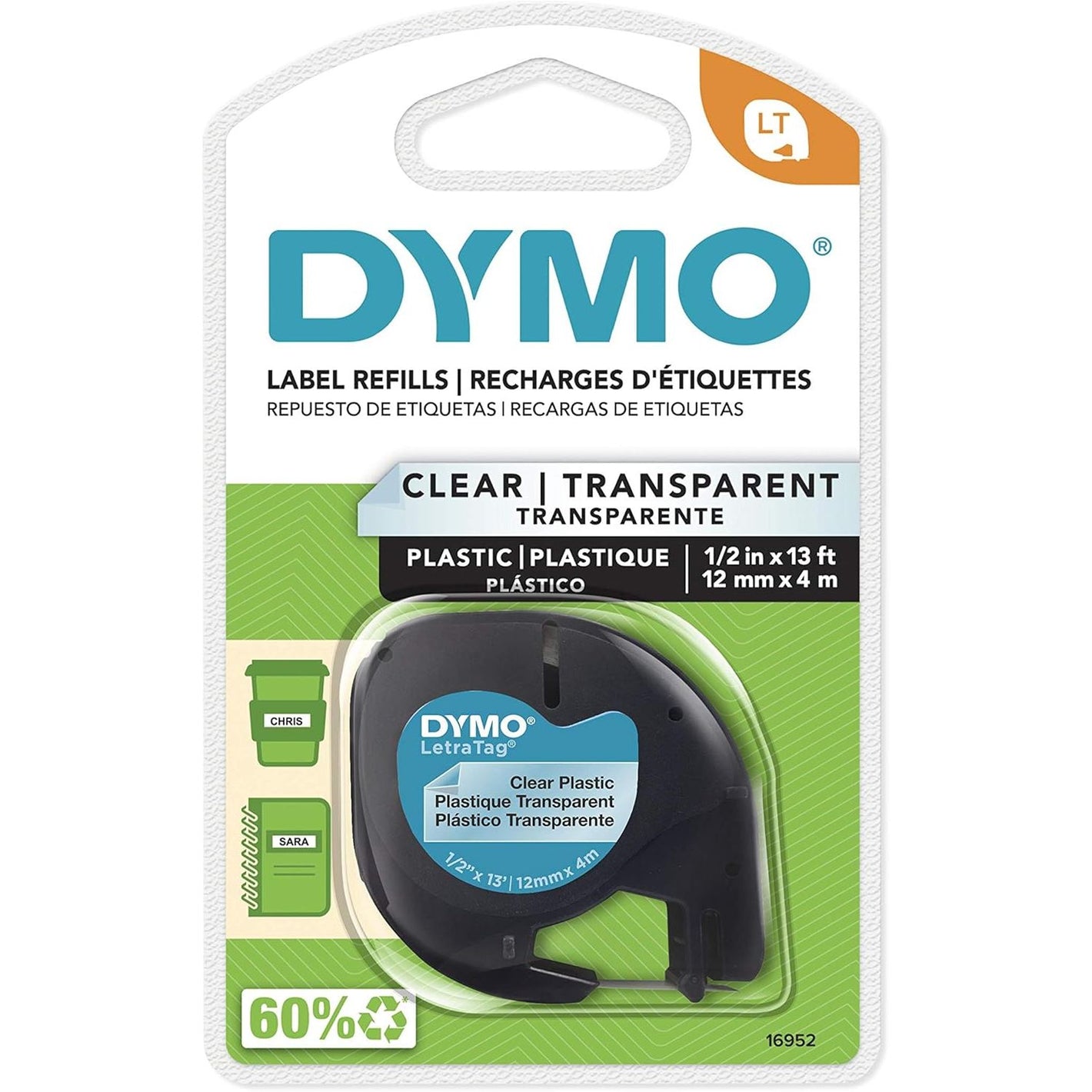 DYMO - DYM16952 Authentic LetraTag Labeling Tape for LetraTag Label Makers, Black Print on Clear pastic Tape, 1/2'' W x 13' L, 1 roll (16952)