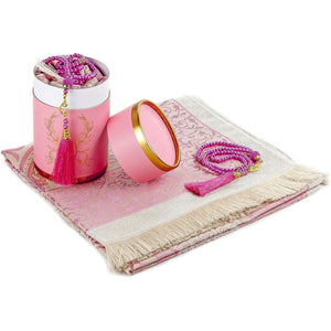Muslim Prayer Rug and Prayer Beads with Elegant Cylinder Gift Box | Janamaz | Sajadah | Soft Islamic Prayer Rug | Islamic Gifts Set | Prayer Carpet Mat, Taffeta Fabric, Pink