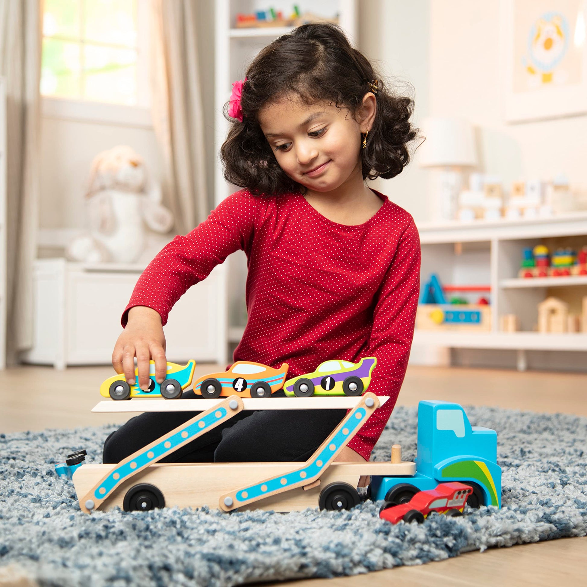 Buy now Melissa & Doug Mega Race-Car Carrier - Wooden Tractor and Trailer with 6 Unique Race Cars at indiglob india