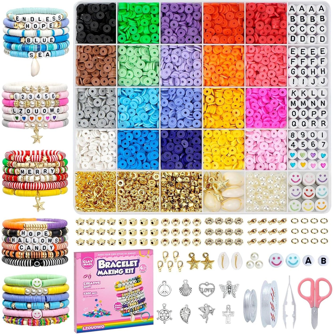 LZOUOWO 5300 Clay Beads Bracelet Making Aesthetic Kit, Polymer Heishi Preppy Letter Beads for Friendship Bracelet, Pearl Disc Beads Charms for Jewelry Making, DIY Creative Gift for Girls 8-12 Teens