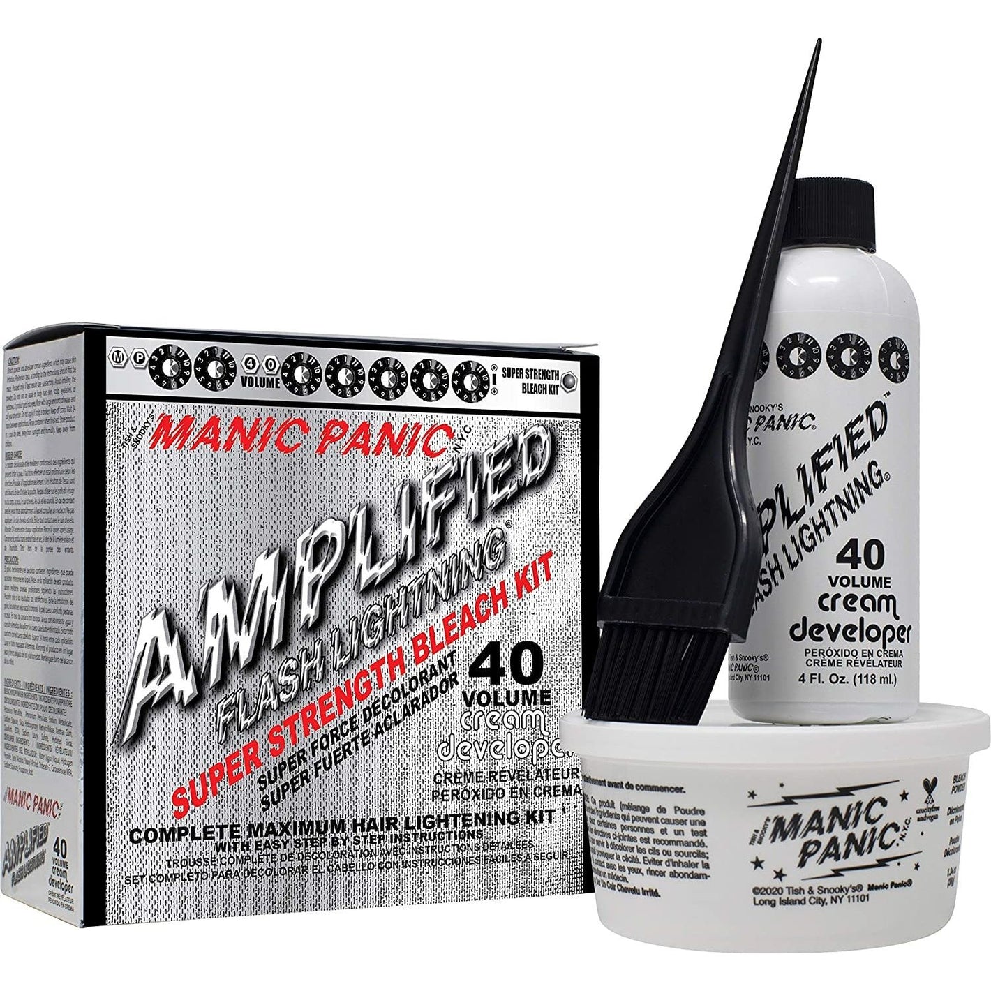 MANIC PANIC Flash Lightning Super Strength Bleach Kit - 40 Volume Developer + Bleach Powder - Hair Lightener for Dark Hair + Lifting up to 7 Levels - Vegan & Cruelty Free