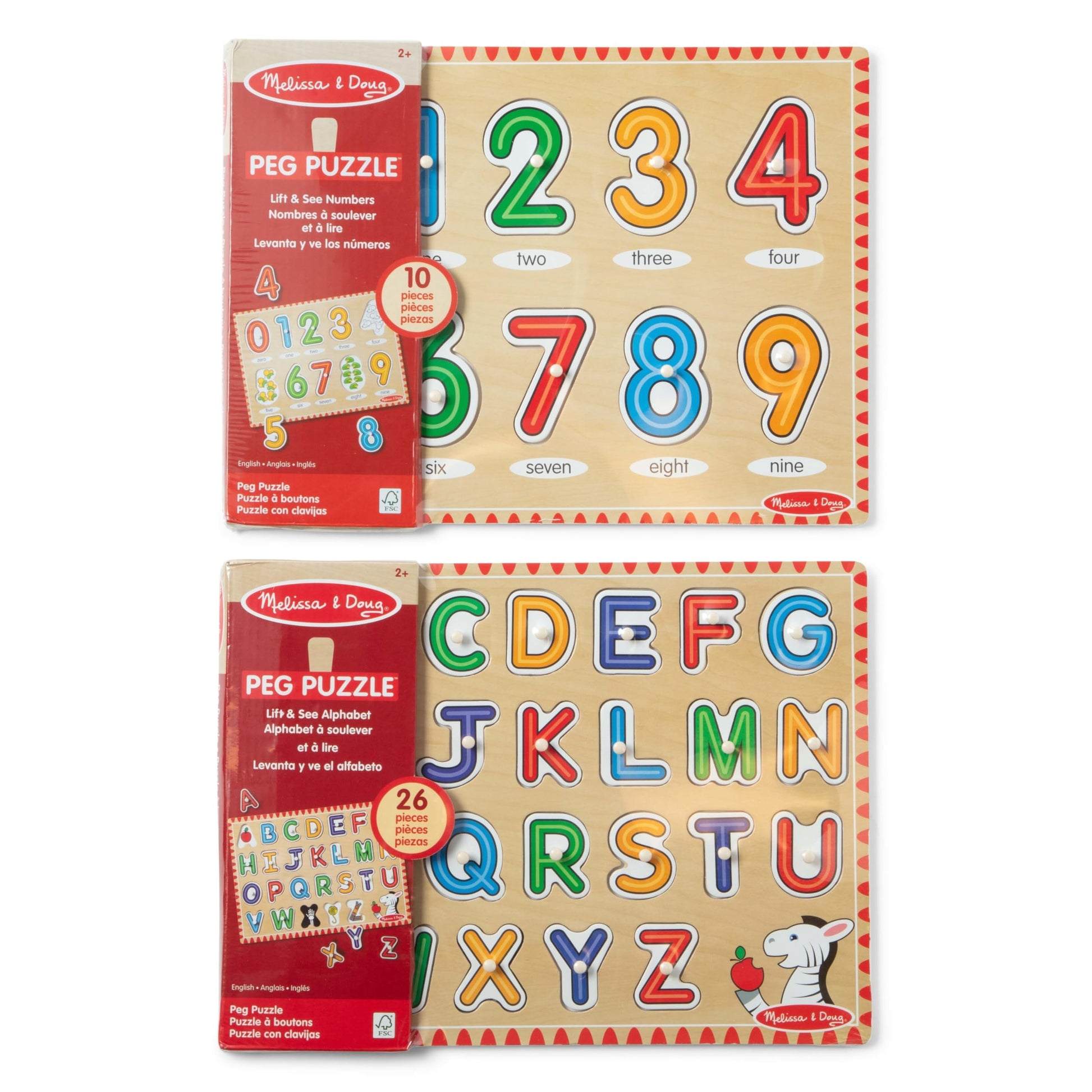 Buy now Melissa & Doug Wooden Lift & See Peg Puzzle Early Learning 2-Pack for Girls and Boys ƒ?? Alphabet, Numbers at indiglob india