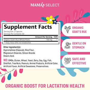 Mama's Select Organic Goat’s Rue Capsules for Breast Milk Production – Non-GMO, Vegan, Gluten- Free Lactation Support Supplement – Safe & Effective for Nursing Moms – Third-Party Tested